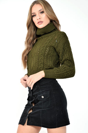 Khaki High Neck Cropped Cable Knit Jumper - Sandria