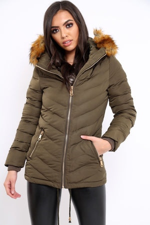 Khaki Padded Coat With Faux Fur Trim Hood - Jocelyn