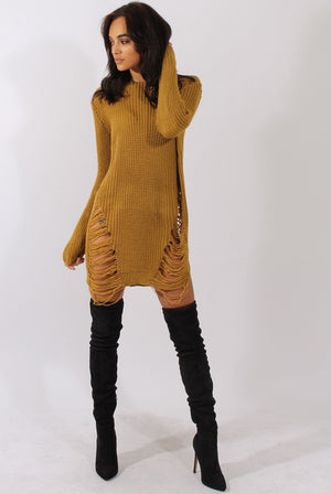 Mustard Distressed Jumper Dress - Kim