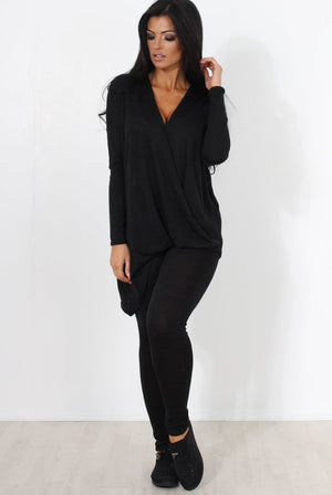Black V Neck Loungewear Set-Kimi