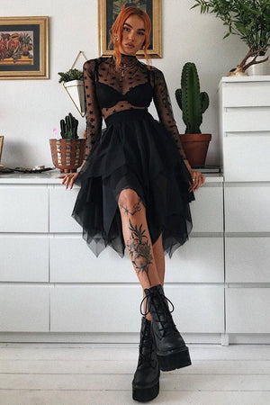 Black Star Mesh High Neck Long Sleeve Top - Shine