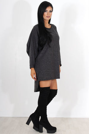 Leah Dark Grey Drooped Back Jumper Dress