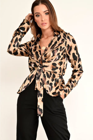 Leopard Knot Front Plunge Shirt - Jurnie