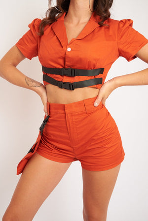 Rust Utility Cargo Short and Buckle Crop Shirt Co-ord - Saisha