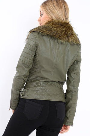 Khaki Faux Leather Biker Jacket with Fur Collar - Lindy