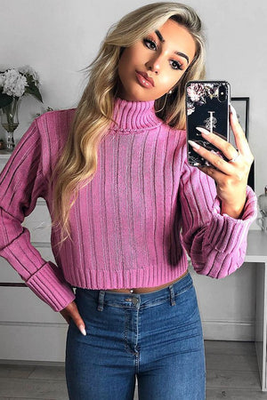 Pink Wide Rib Roll Neck Jumper - Joyanna