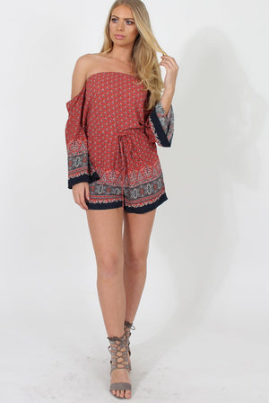 Red Print Bardot Playsuit - Malaya