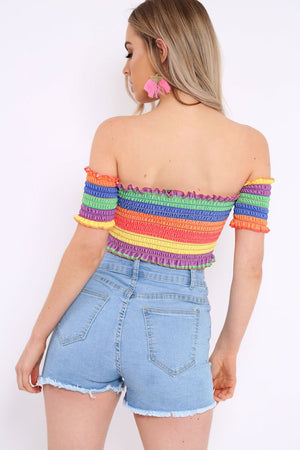 Rainbow Stripe Bardot Frill Shirred Crop Top - Marieta