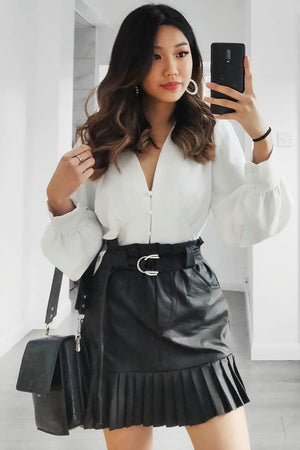 Black Faux Leather Pleated Belted Mini Skirt - Bex
