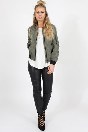 Khaki Black Zip Bomber Jacket - Minah