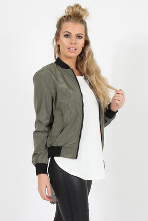 Khaki Black Zip Bomber Jacket - Minah