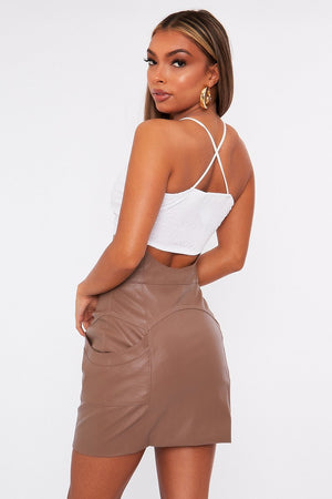 Mocha Pleather Waist Detail Mini Skirt - Syren