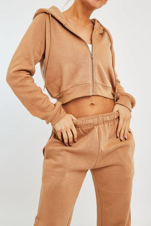 Camel Zip Up Cropped Hoodie - Skarlet