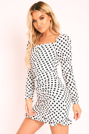 White Polka Dot Ruched Milkmaid Dress - Neave