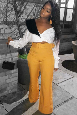 Mustard Tailored Wide Leg Belted Trousers - Chenelle