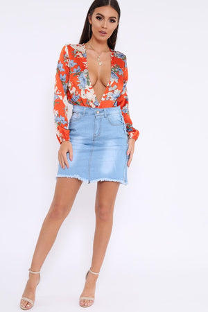 Red Floral Long Sleeve Plunge Bodysuit - Nicole