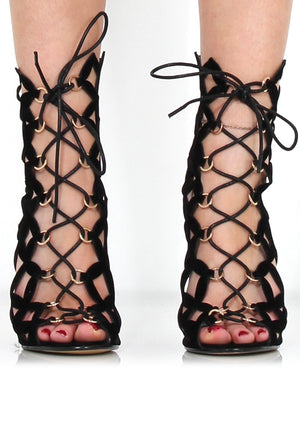 Nikki Black Suede Caged Heels