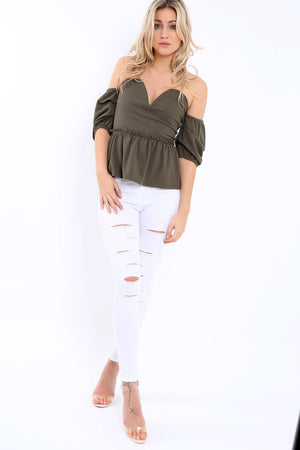 Khaki Bardot V Plunge Ruffle Hem Top - Norah
