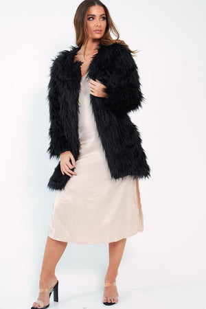 Black Shaggy Faux Fur Coat - Evalina