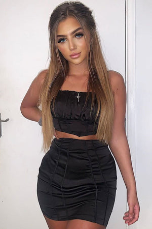 Black Satin Ruched Crop Top Seam Detail Skirt Co-ord - Dailah