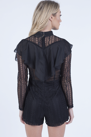 Black High Neck Frill Lace Playsuit - Katie