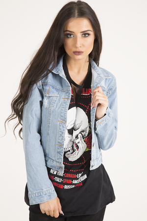 Light Blue Distressed Cropped Denim Jacket - Charlie