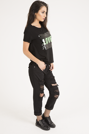 Black Reversible Sequin 'Love' Slogan T-Shirt - Ida