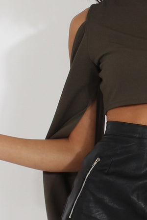 Khaki Cold Shoulder Split Sleeve Crop Top - Opal