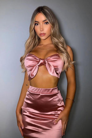 Pink Tie Front Satin Crop Top + Skirt Co-ord - Orla