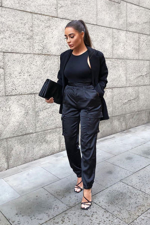 Black Satin Belted Utility Pocket Double Buttoned Trousers - Una