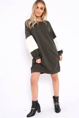 Khaki Jumper Dress with Fur Sleeves - Paris