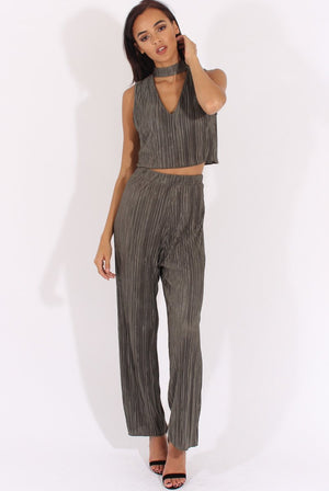 Khaki Metallic Pleated High Waisted Trousers - Phoebe