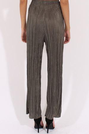 Khaki Metallic Pleated High Waisted Trousers - Phoebe