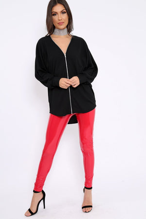 Black Ribbed Oversized Zip Front Top - Rabecca