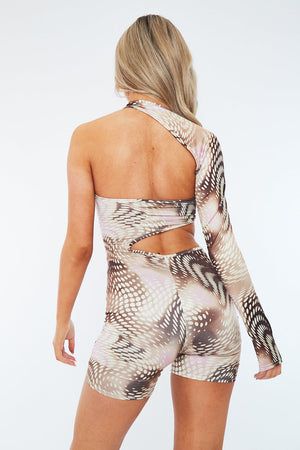 Pink Cut Out Spot Print One Sleeve Playsuit - River