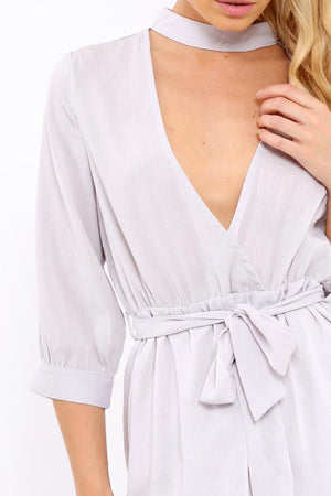 Grey High Neck Plunge Tie Waist Dress - Trinity