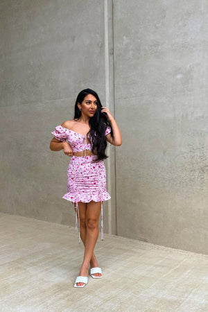 Pink Floral Print Crop Top + Frill Skirt Set - Abryana