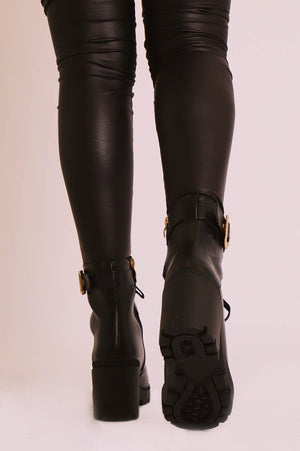 Black PU Gold Detail Heeled Military Boot - Abela