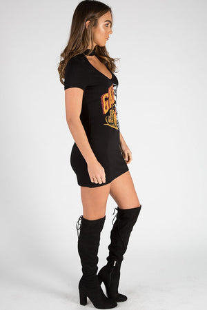 Black Choker Neck Cut Out Slogan T-Shirt Dress - Sophie