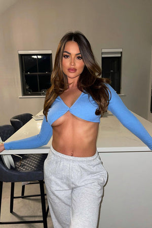 Blue Ribbed Button Fastening Crop Top - Francia