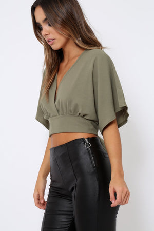 Khaki Plunge Crop Top - Suzanne