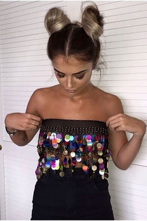 Black Sheer Top with Sequin and Coin Tassels - Taytem