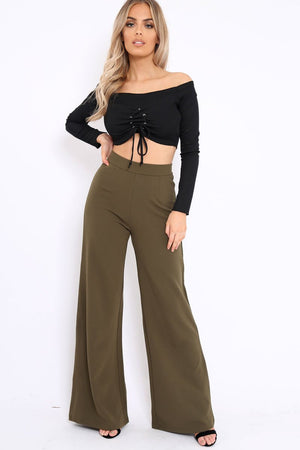 Black Ribbed Lace Up Front Crop Top - Emmy