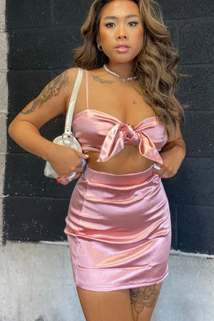 Pink Tie Front Satin Crop Top + Skirt Co-ord - Orla