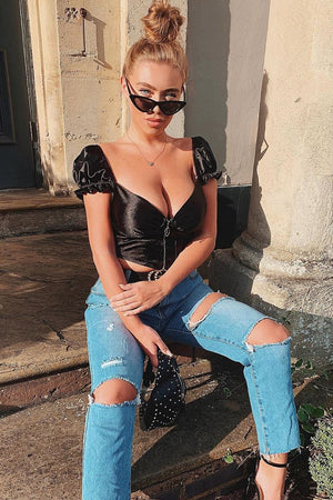 Black Satin Milkmaid Ring Zip Crop Top - Aariel