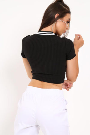 Black Ribbed Varsity Stripe Crop Top - Corene