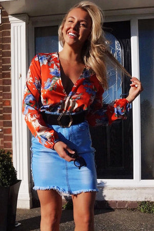 Red Floral Long Sleeve Plunge Bodysuit - Nicole