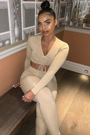 Beige Rib Ruched Front Crop Top Legging Loungewear Co-Ord - Victoria
